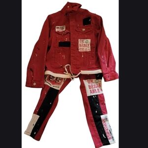 Kleep Washed Denim Print Patch Jacket & Pants Set Streetwear Hip Hop Artsy